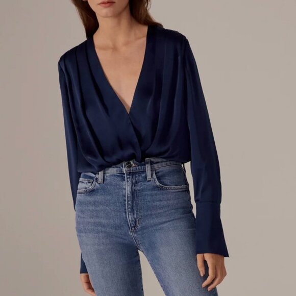 NWT Favorite Daughter The Date Blouse Satin Bodysuit Navy Blue - Picture 2 of 5